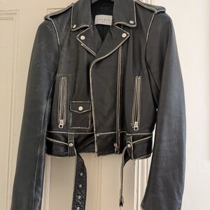 Sandro Black Leather Jacket with White Accents